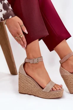 Sandały Damskie Na Koturnie Z Plecionką Khaki Adelio Damskie Sandały Na Koturnie