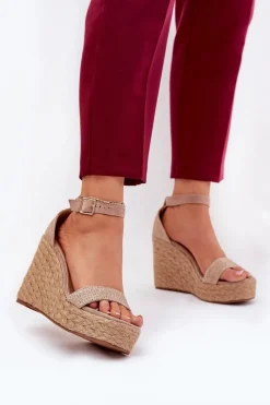 Sandały Damskie Na Koturnie Z Plecionką Khaki Adelio Damskie Sandały Na Koturnie