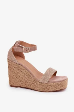 Sandały Damskie Na Koturnie Z Plecionką Khaki Adelio Damskie Sandały Na Koturnie