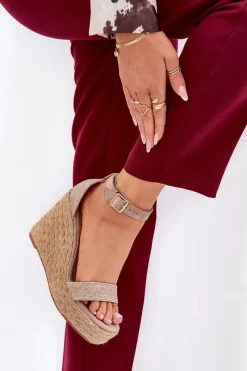 Sandały Damskie Na Koturnie Z Plecionką Khaki Adelio Damskie Sandały Na Koturnie