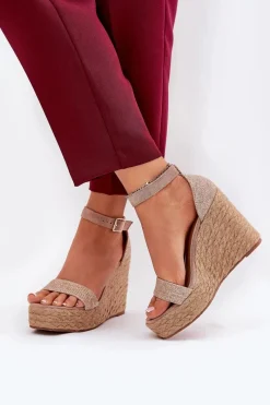 Sandały Damskie Na Koturnie Z Plecionką Khaki Adelio Damskie Sandały Na Koturnie