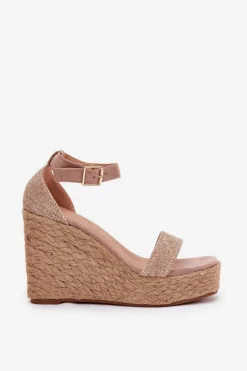 Sandały Damskie Na Koturnie Z Plecionką Khaki Adelio Damskie Sandały Na Koturnie