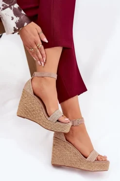 Sandały Damskie Na Koturnie Z Plecionką Khaki Adelio Damskie Sandały Na Koturnie