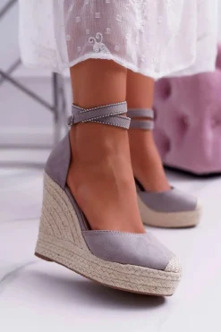 Sandały Na Koturnie>Boto Sandały Damskie Na Koturnie Lniane Szare Canterola