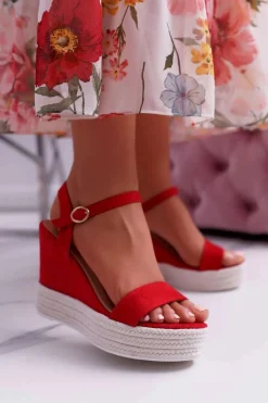 Hot Boto Sandały Damskie Na Koturnie Lniane Czerwone Liviana