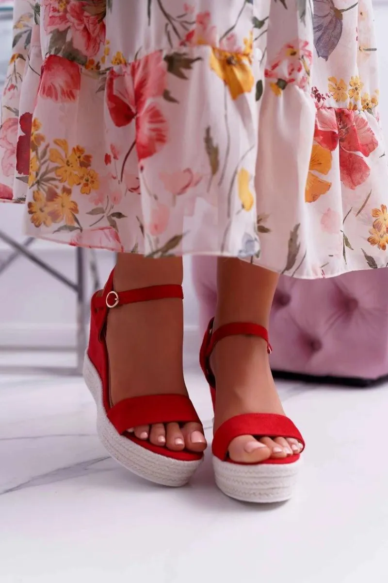 Hot Boto Sandały Damskie Na Koturnie Lniane Czerwone Liviana