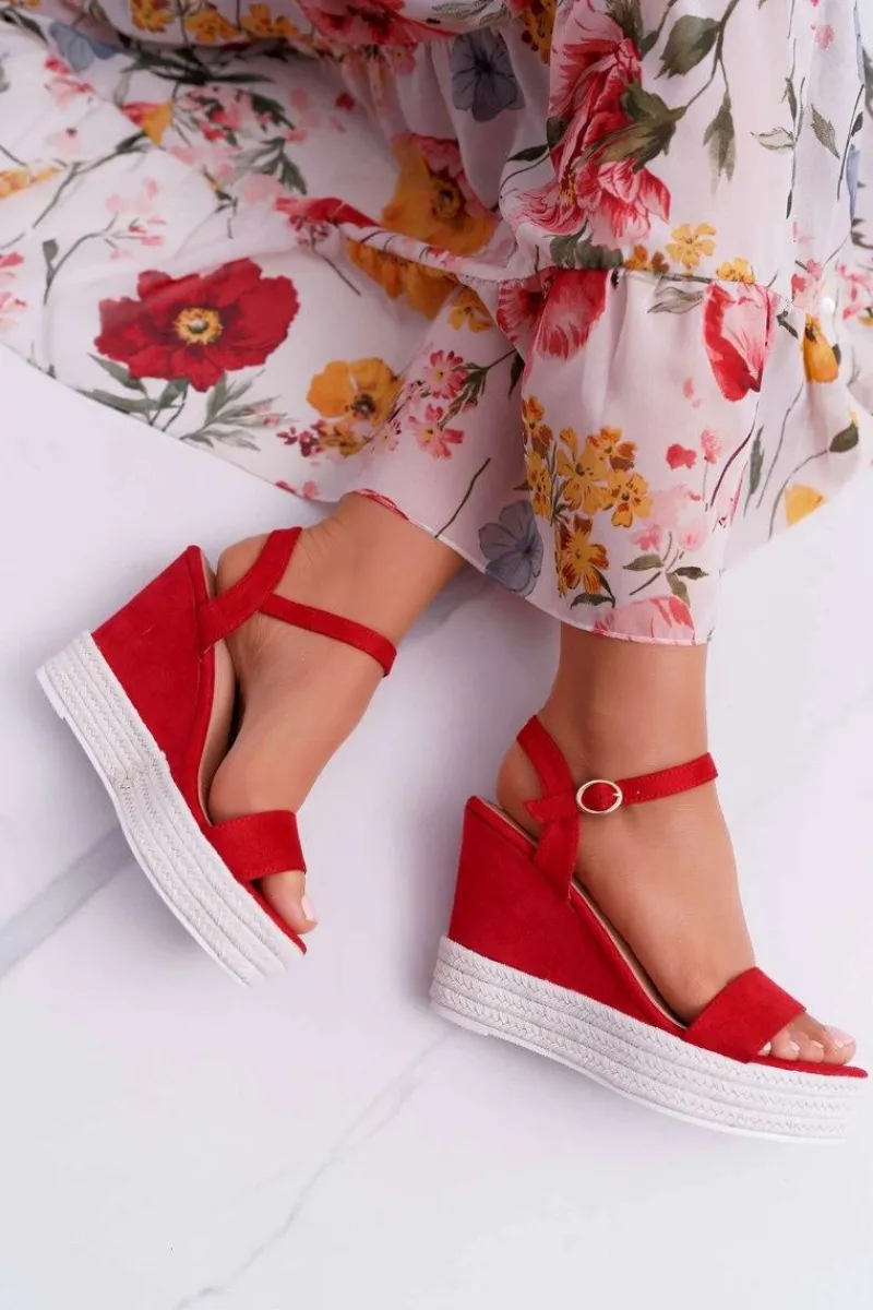 Hot Boto Sandały Damskie Na Koturnie Lniane Czerwone Liviana