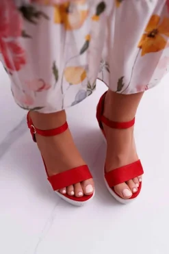 Hot Boto Sandały Damskie Na Koturnie Lniane Czerwone Liviana