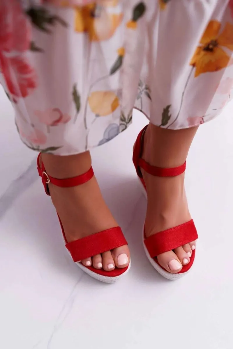 Hot Boto Sandały Damskie Na Koturnie Lniane Czerwone Liviana