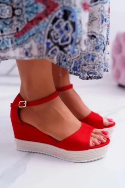 Best Boto Sandały Damskie Na Koturnie Platformie Zamszowe Czerwone Delima