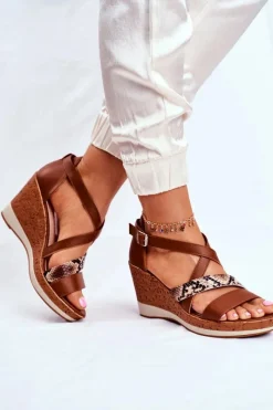 Best Buty Sergio Leone Sandały Damskie Na Koturnie Sergio Leone Brązowe SK309