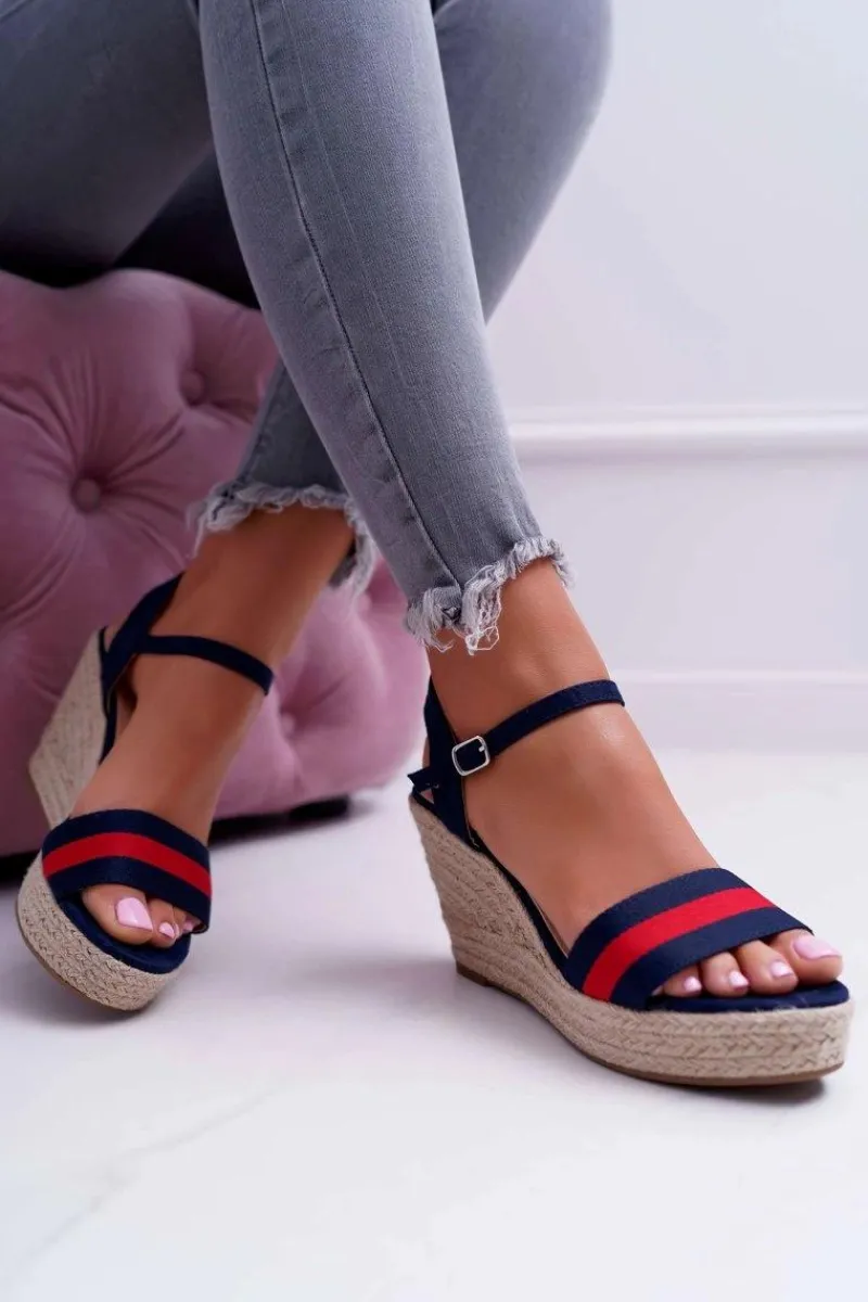 Outlet Boto Sandały Damskie Na Koturnie Lniane Granatowe Renew