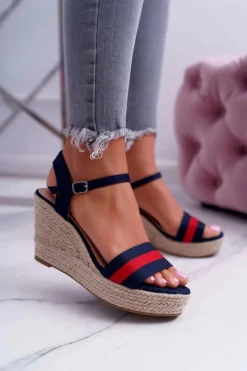 Outlet Boto Sandały Damskie Na Koturnie Lniane Granatowe Renew