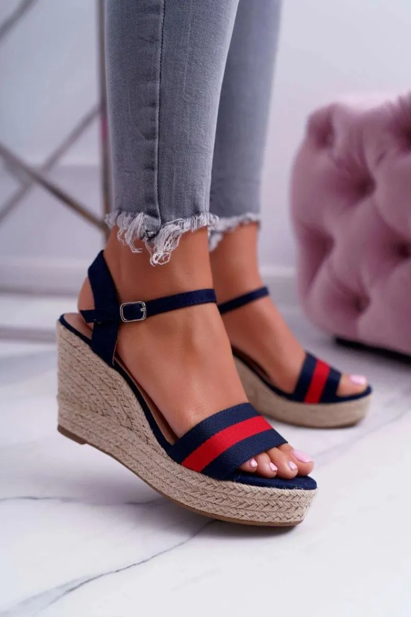 Outlet Boto Sandały Damskie Na Koturnie Lniane Granatowe Renew