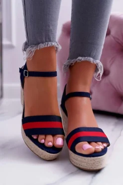 Outlet Boto Sandały Damskie Na Koturnie Lniane Granatowe Renew