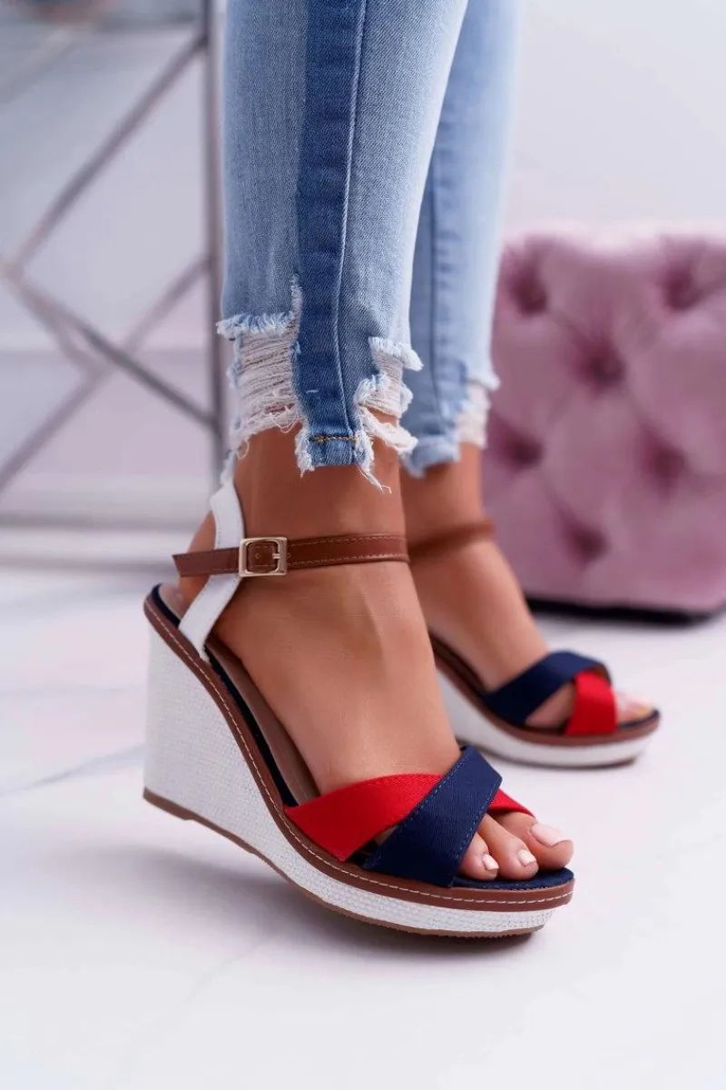 Hot Boto Sandały Damskie Na Koturnie Granatowe Kaisha