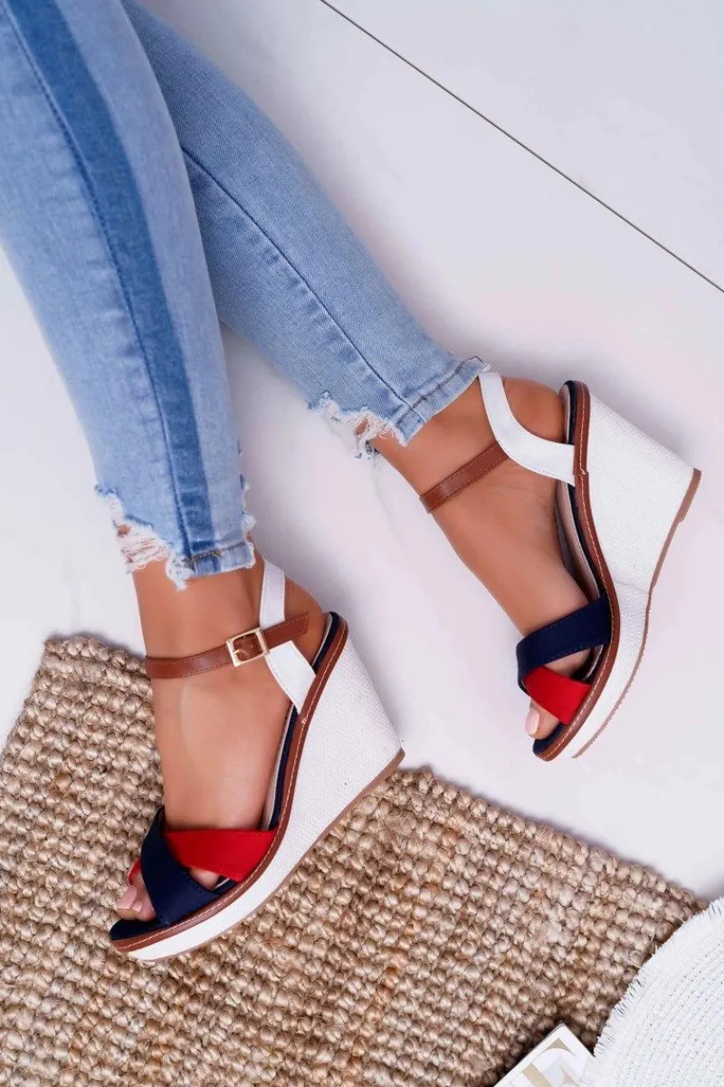 Hot Boto Sandały Damskie Na Koturnie Granatowe Kaisha