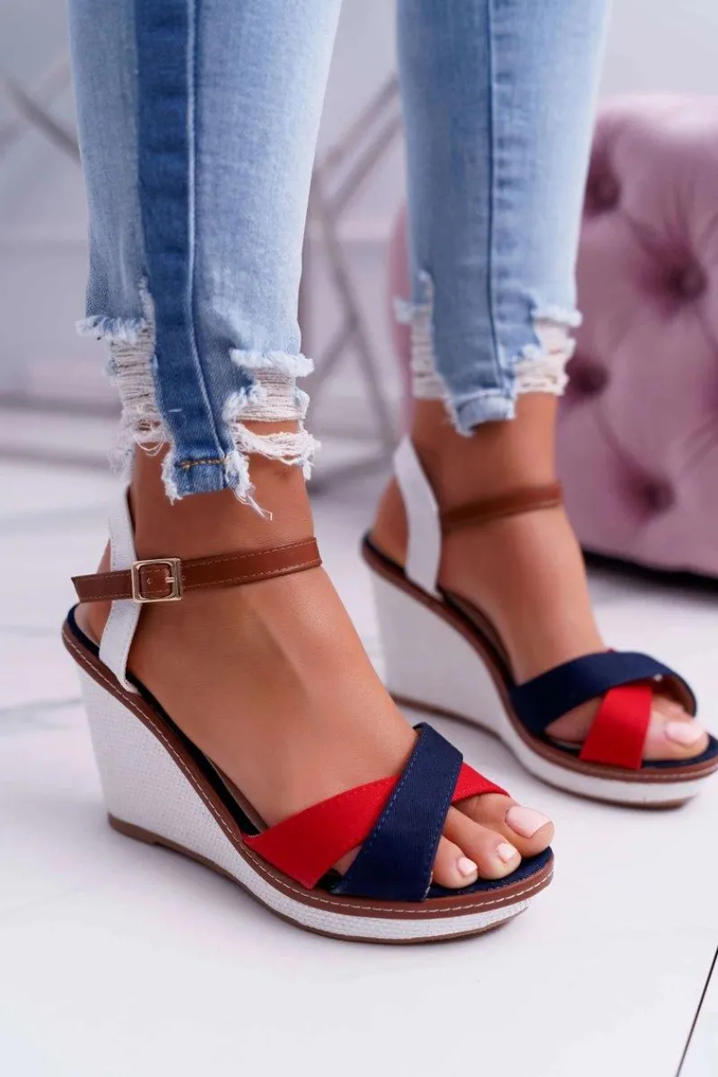 Hot Boto Sandały Damskie Na Koturnie Granatowe Kaisha