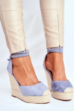 Discount Sandały Damskie Na Koturnie Lniane Niebieskie Canterola Damskie Sandały Na Koturnie