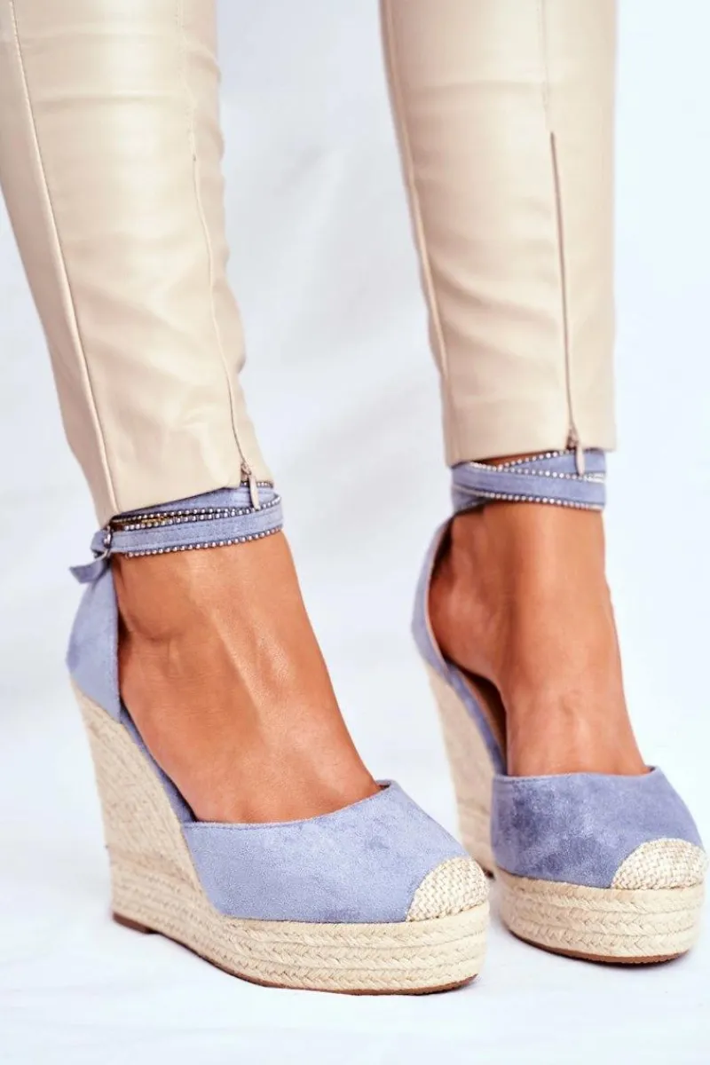 Discount Sandały Damskie Na Koturnie Lniane Niebieskie Canterola Damskie Sandały Na Koturnie