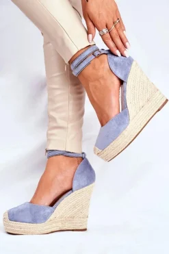 Discount Sandały Damskie Na Koturnie Lniane Niebieskie Canterola Damskie Sandały Na Koturnie