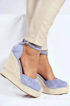 Discount Sandały Damskie Na Koturnie Lniane Niebieskie Canterola Damskie Sandały Na Koturnie