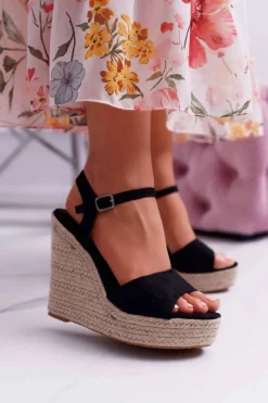 Sandały Na Koturnie>Boto Sandały Damskie Na Koturnie Lniane Czarne Girenn