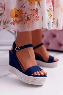 Hot Boto Sandały Damskie Na Koturnie Lniane Granatowe Liviana