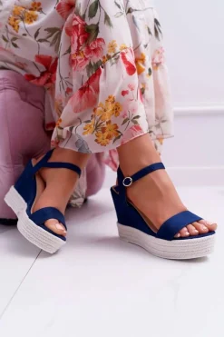 Hot Boto Sandały Damskie Na Koturnie Lniane Granatowe Liviana