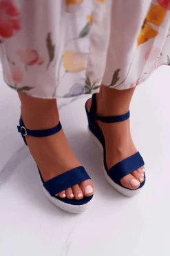 Hot Boto Sandały Damskie Na Koturnie Lniane Granatowe Liviana