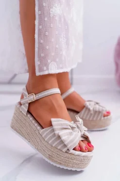 Sale Sandały Damskie Na Koturnie Platformie Z Kokardą Beżowe Bounce Damskie Sandały Na Koturnie