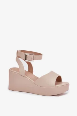 Boto Sandały Damskie Na Koturnie Beżowe Efrina