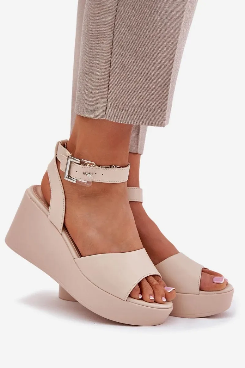 Boto Sandały Damskie Na Koturnie Beżowe Efrina