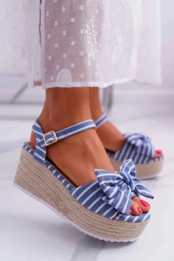 Sandały Damskie Na Koturnie Platformie Z Kokardą Niebieskie Bounce Damskie Sandały Na Koturnie