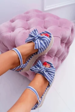 Sandały Damskie Na Koturnie Platformie Z Kokardą Niebieskie Bounce Damskie Sandały Na Koturnie