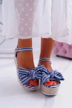 Sandały Damskie Na Koturnie Platformie Z Kokardą Niebieskie Bounce Damskie Sandały Na Koturnie