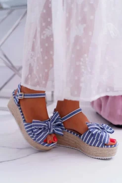 Sandały Damskie Na Koturnie Platformie Z Kokardą Niebieskie Bounce Damskie Sandały Na Koturnie