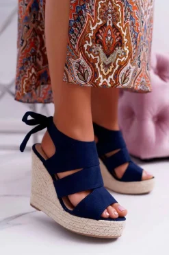 New Sandały Damskie Na Koturnie Granatowe Yenga Damskie Sandały Na Koturnie