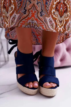 New Sandały Damskie Na Koturnie Granatowe Yenga Damskie Sandały Na Koturnie