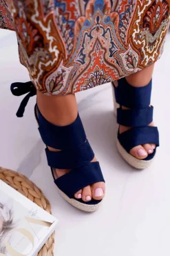New Sandały Damskie Na Koturnie Granatowe Yenga Damskie Sandały Na Koturnie