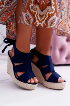 New Sandały Damskie Na Koturnie Granatowe Yenga Damskie Sandały Na Koturnie