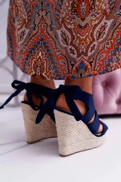 New Sandały Damskie Na Koturnie Granatowe Yenga Damskie Sandały Na Koturnie