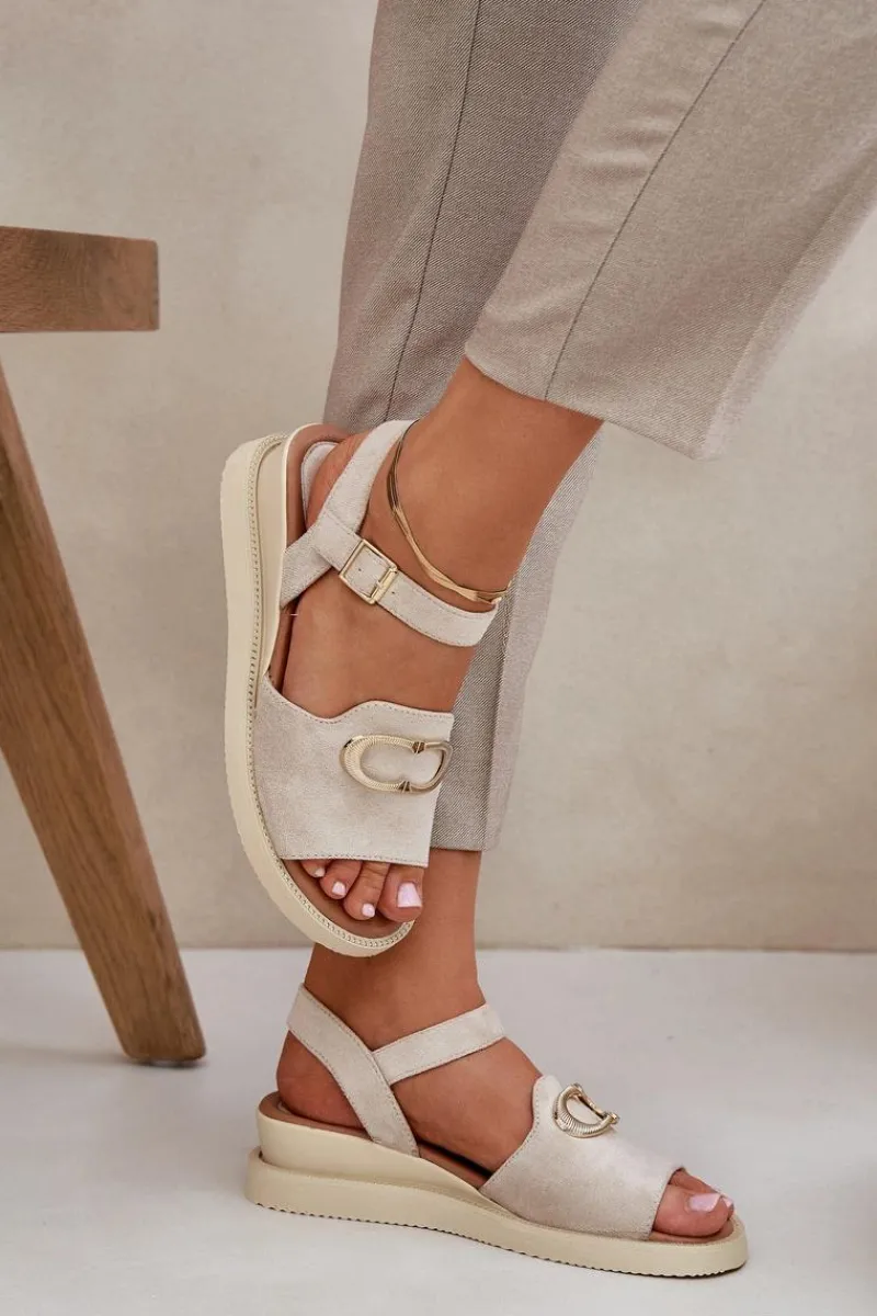 Clearance Sandały Damskie Na Koturnie Z Ozdobą Beżowe Salianes Damskie Sandały Na Koturnie