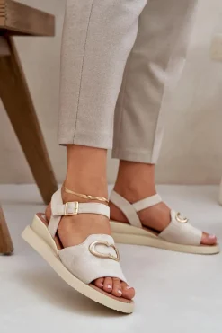 Clearance Sandały Damskie Na Koturnie Z Ozdobą Beżowe Salianes Damskie Sandały Na Koturnie