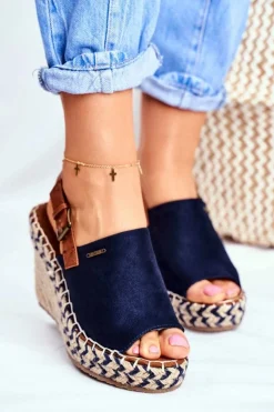 Hot Big Star Shoes Sandały Damskie Na Koturnie Big Star Granatowe FF274980