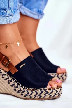 Hot Big Star Shoes Sandały Damskie Na Koturnie Big Star Granatowe FF274980