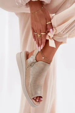 New Sandały Damskie Na Koturnie Złote Mevinette Damskie Sandały Z Cholewką|Sandały Na Koturnie