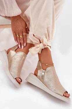 New Sandały Damskie Na Koturnie Złote Mevinette Damskie Sandały Z Cholewką|Sandały Na Koturnie