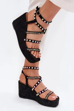 New Boto Sandały Damskie Na Koturnie Ze Zdobieniem Na Paskach Czarne Lunara Czarny