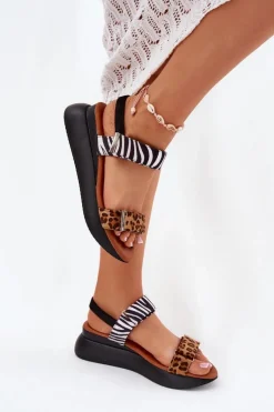 New Sandały Damskie Na Koturnie Panterka I Zebra Brązowe Monera Damskie Sandały Na Koturnie